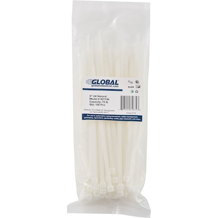 Global Industrial Cable Tie, 8 in L, Natural, 75 lb Strength, 100 PK 501746
